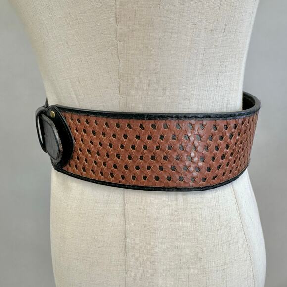 Justin Boots basketweave tooled leather western belt size 42 gold tone buckle - Picture 12 of 14